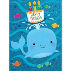 New Peaceable Kingdom Glitter Whale with Cake Birthday Card