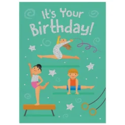 New Peaceable Kingdom Gymnastics Foil Birthday Card