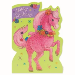 Hot Peaceable Kingdom Pink Pony Glitter Birthday Card